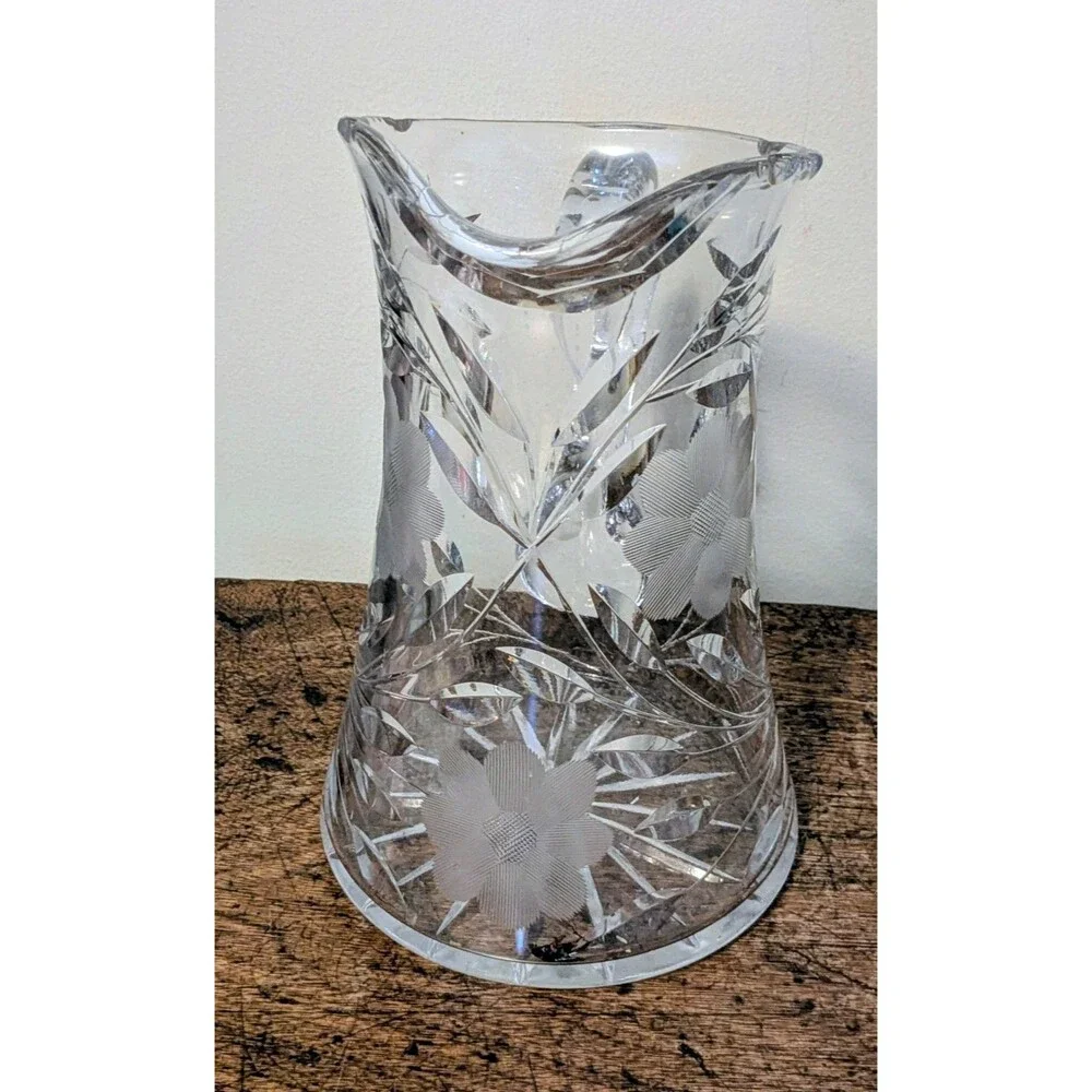 Antique Cut Glass Crystal Water Pitcher Intaglio Daisy Flower Leaf 8.5